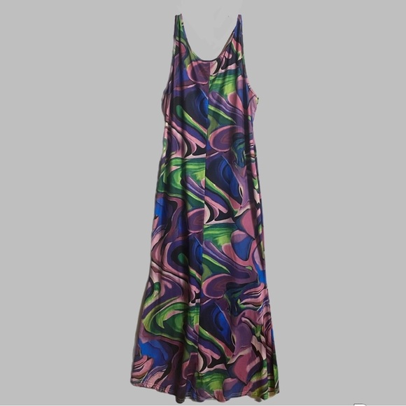 Psychedelic Artsy Sun Dress Sleeveless Maxi 2XL Blu Grn Pnk Stretch Effortless - Picture 2 of 10